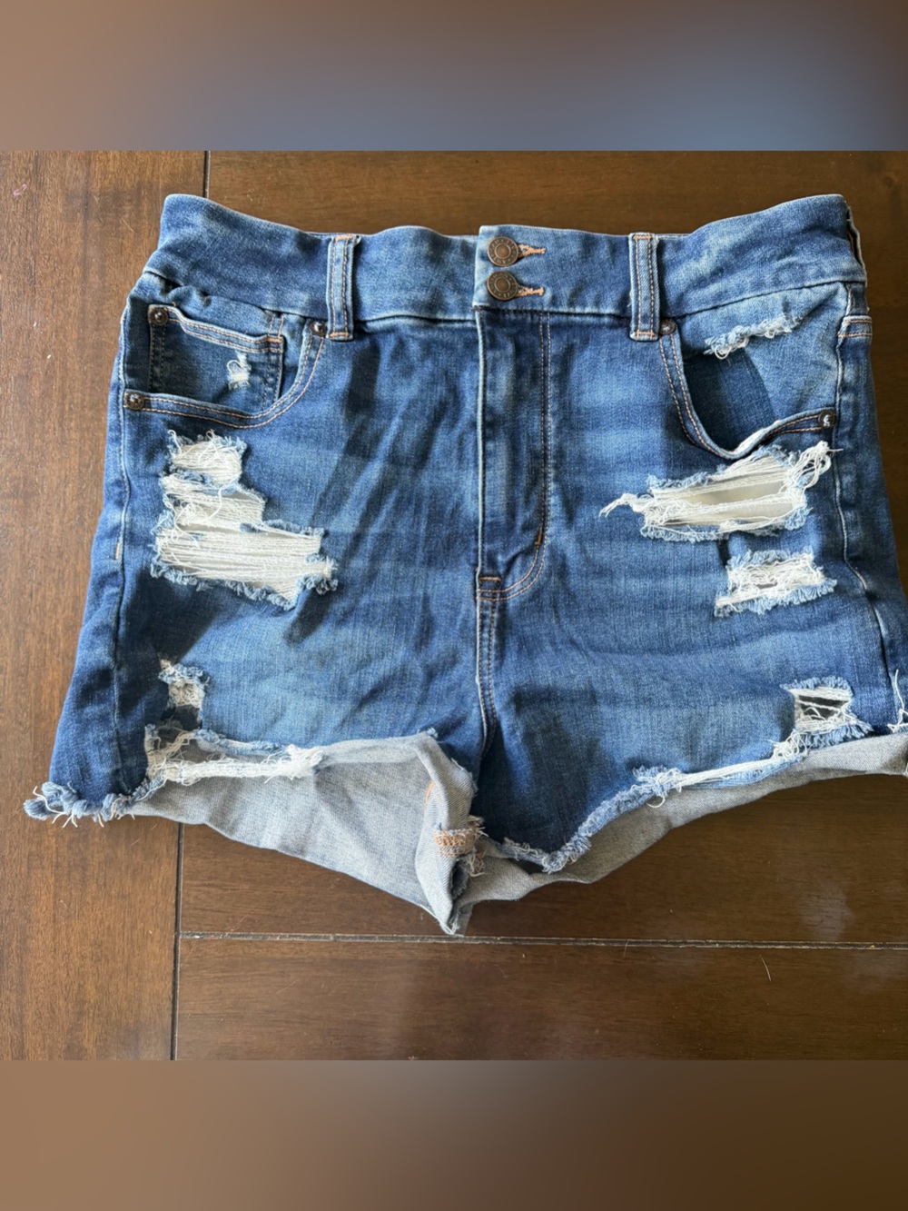 Women’s American Eagle Dark Blue Distressed Denim Jean High Rise Shortie size 12